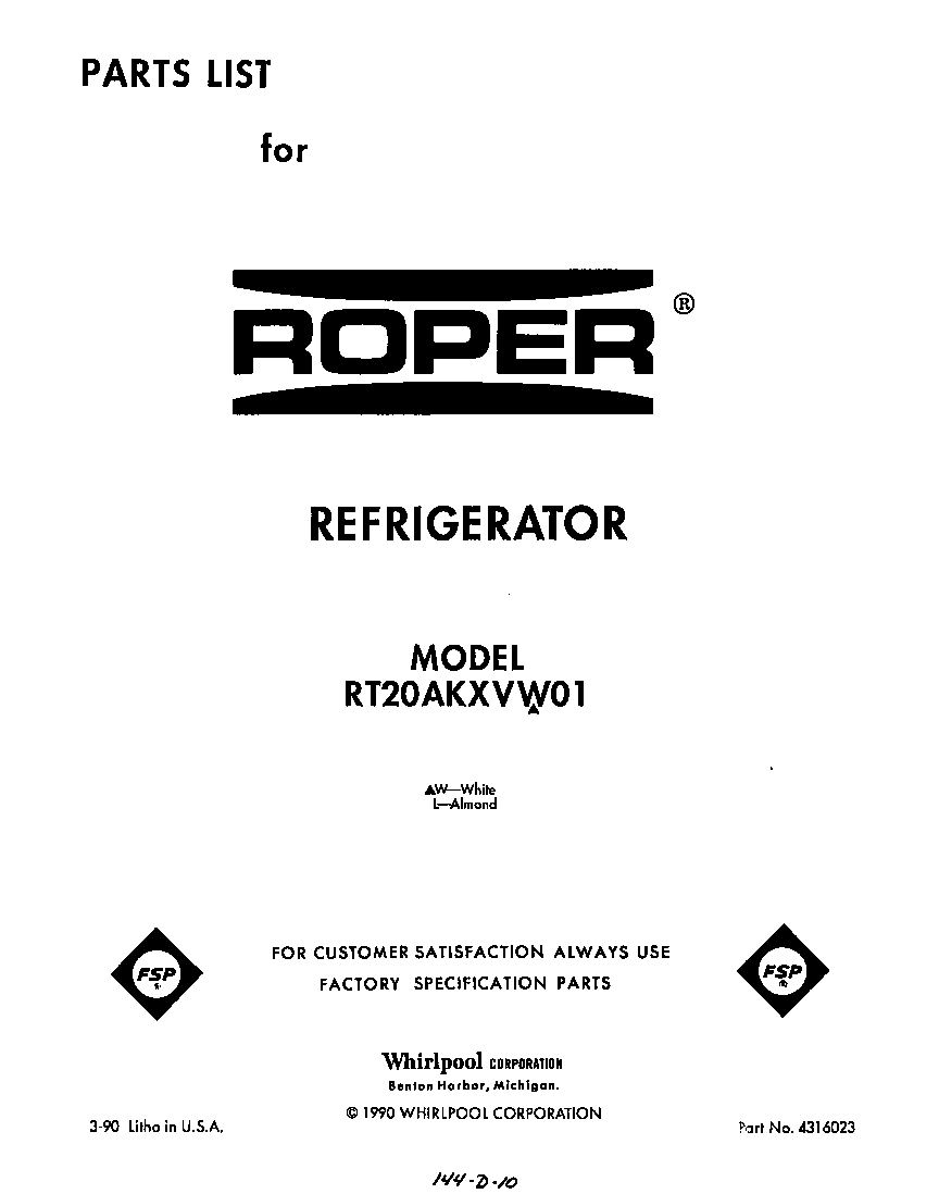 Roper RT20AKXVW01 front cover diagram