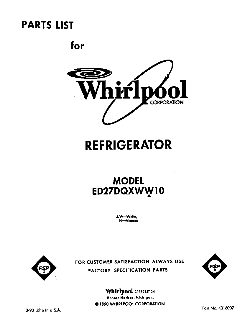 Whirlpool ED27DQXWN10 front cover diagram