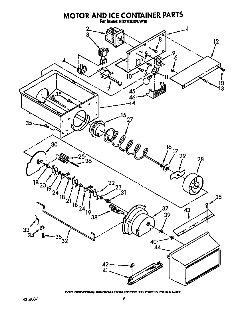 Whirlpool ED27DQXWN10 motor and ice container diagram