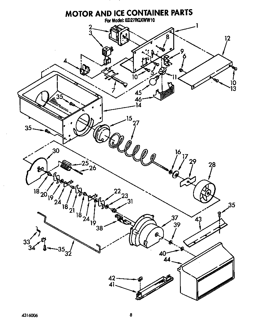 Whirlpool ED27RQXWW10 motor and ice container diagram
