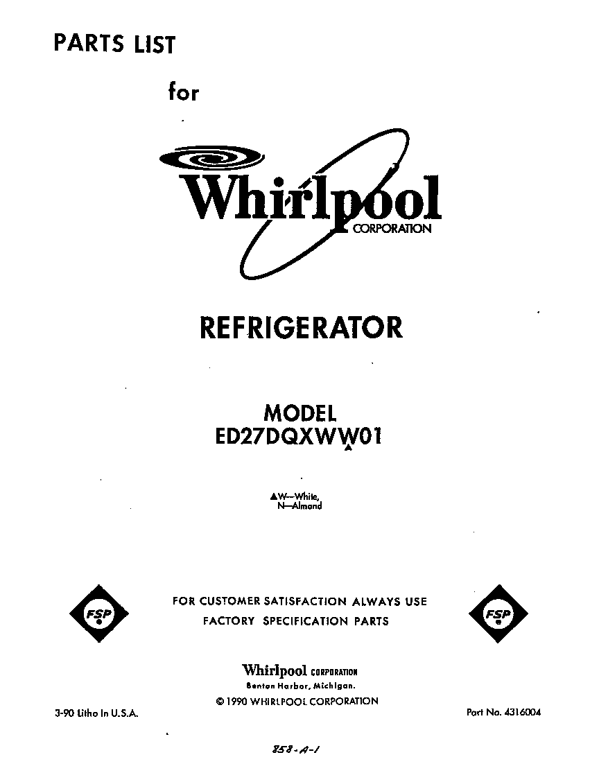 Whirlpool ED27DQXWN01 front cover diagram