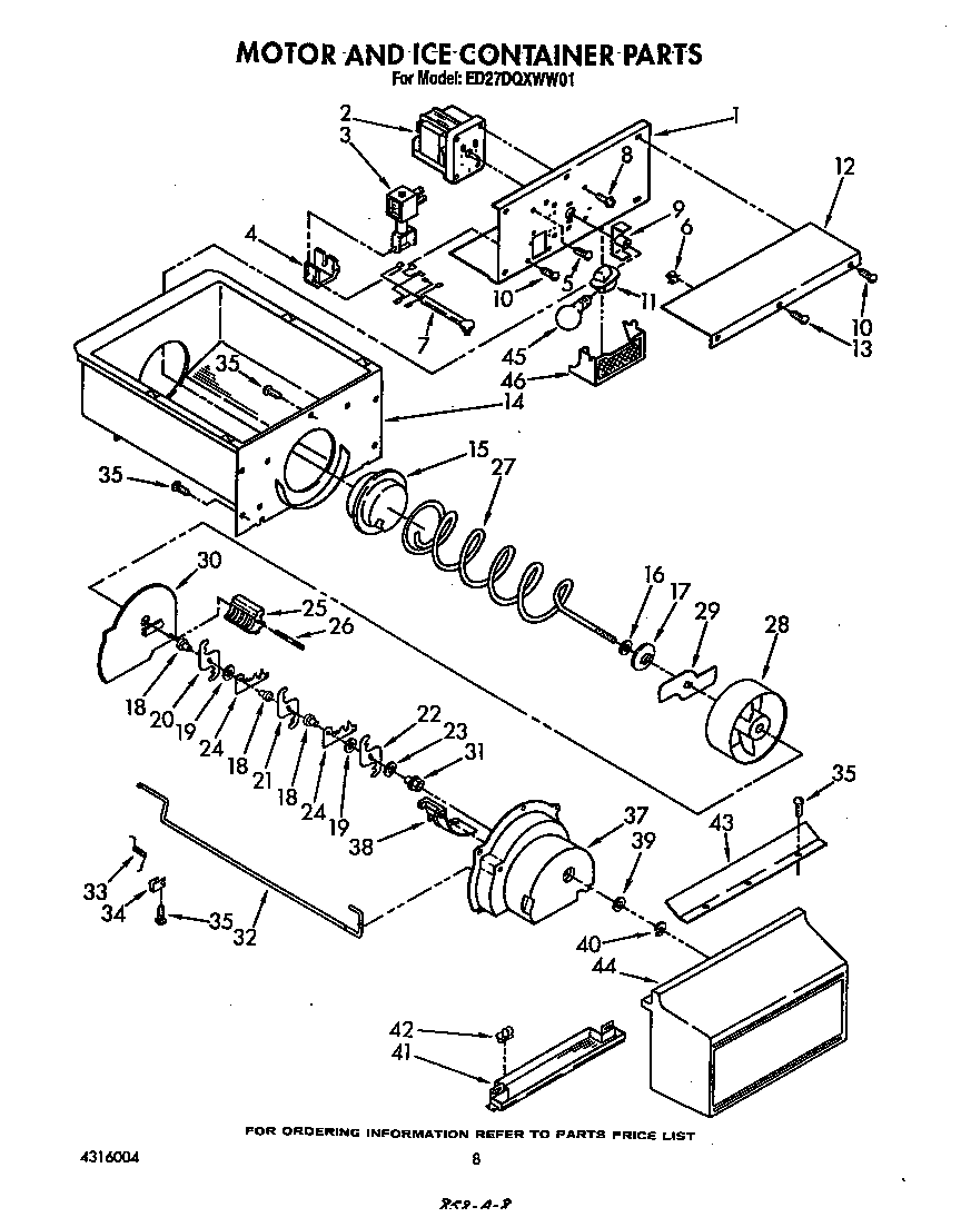 Whirlpool ED27DQXWN01 motor and ice container diagram