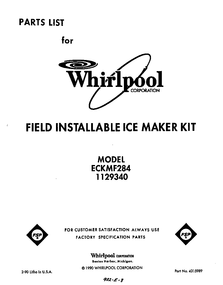 Whirlpool ECKMF284 cover page diagram