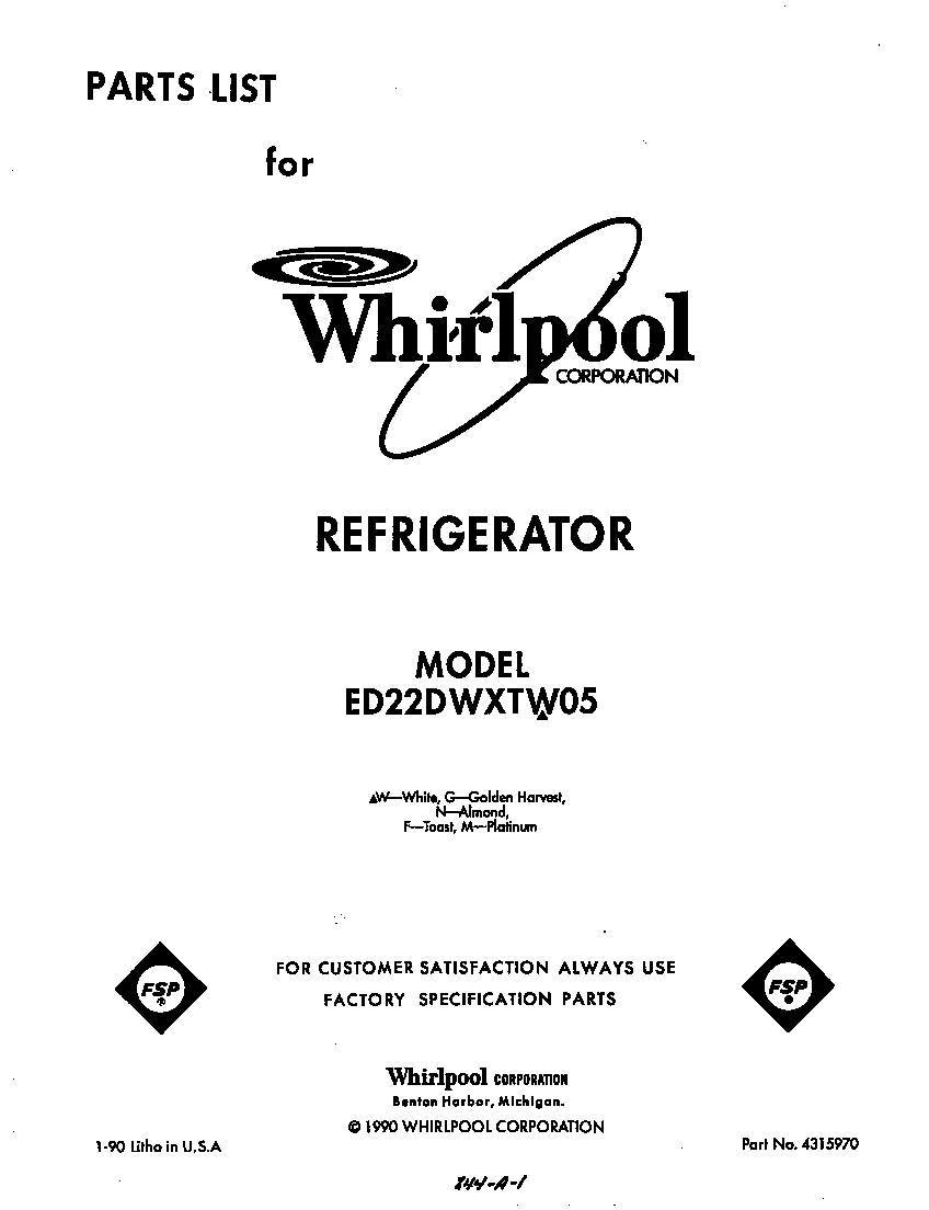 Whirlpool ED22DWXTW05 front cover diagram