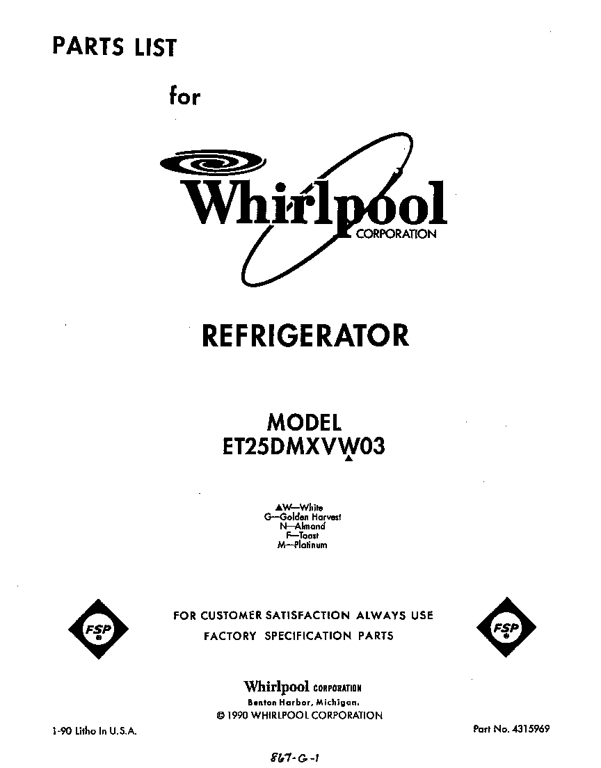 Whirlpool ET25DMXVW03 front cover diagram
