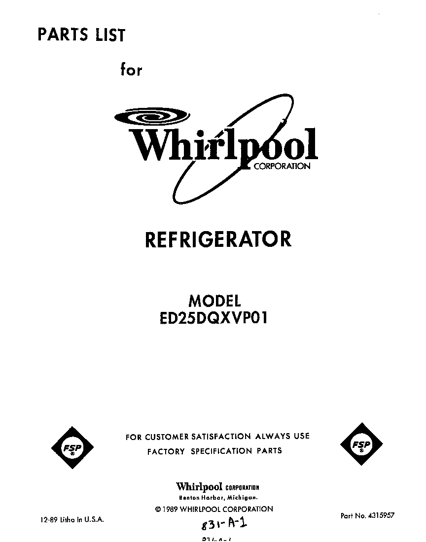 Whirlpool ED25DQXVP01 front cover diagram