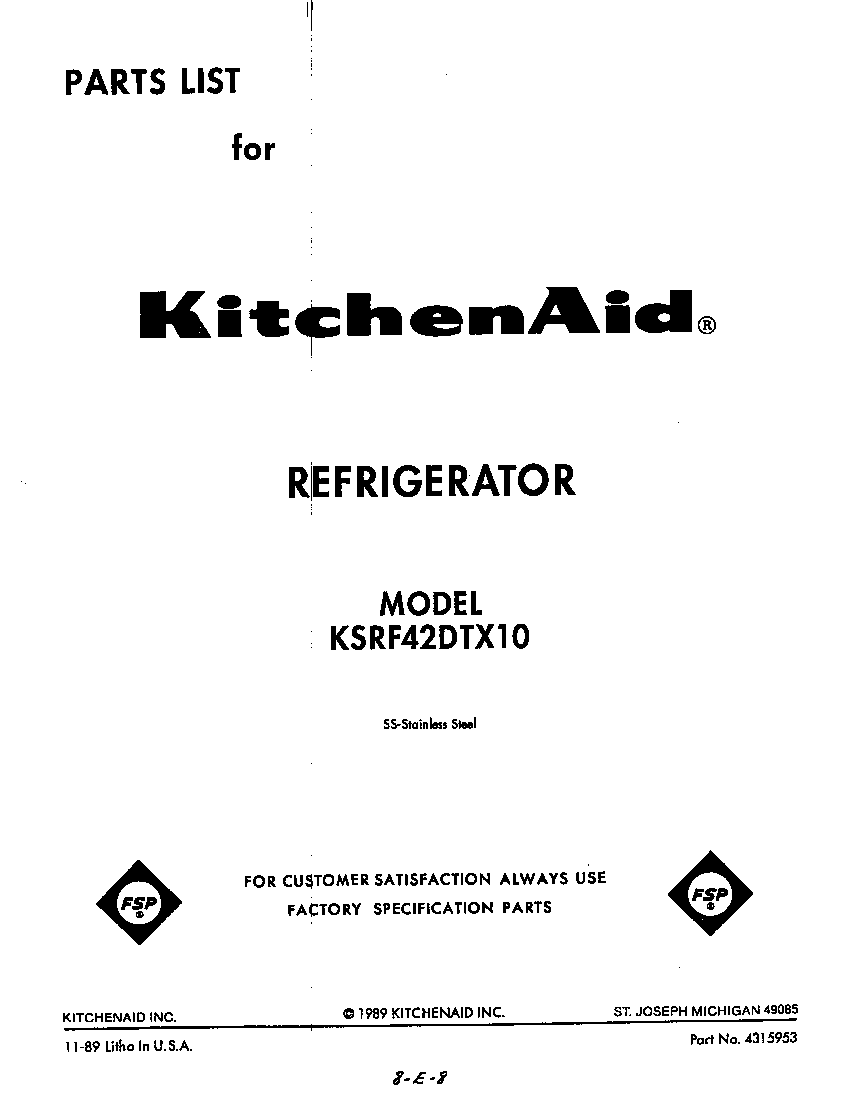 KitchenAid KSRF42DTX10 front cover diagram