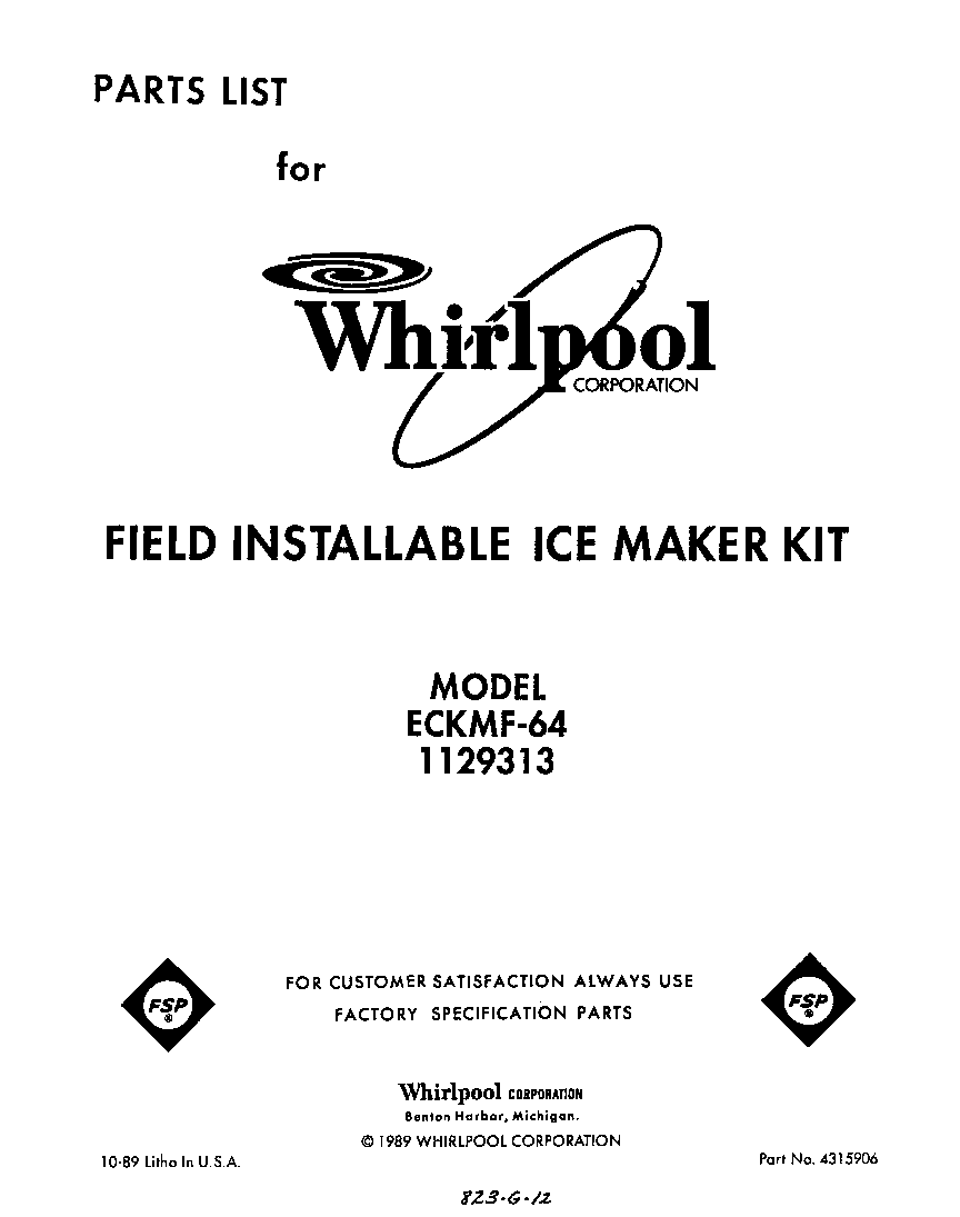 Whirlpool ECKMF64 cover page diagram