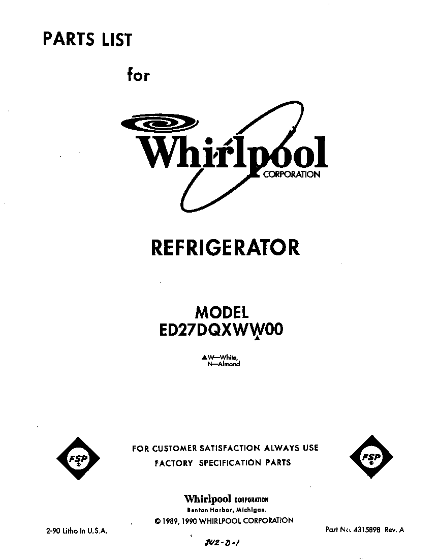 Whirlpool ED27DQXWN00 front cover diagram