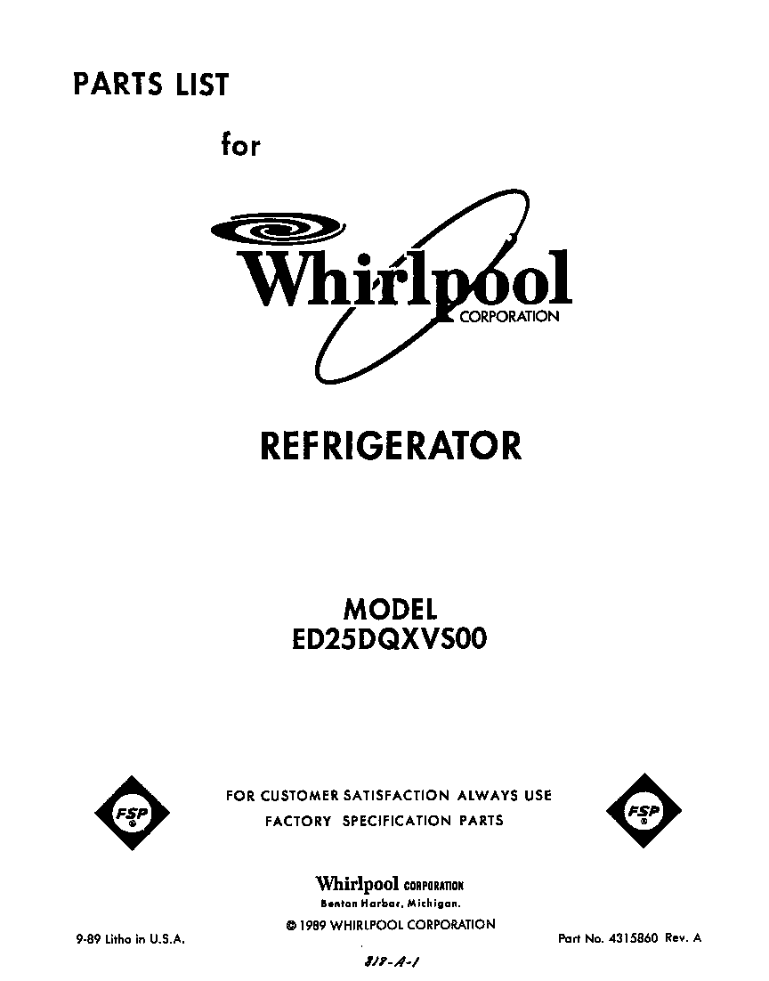 Whirlpool ED25DQXVS00 front cover diagram