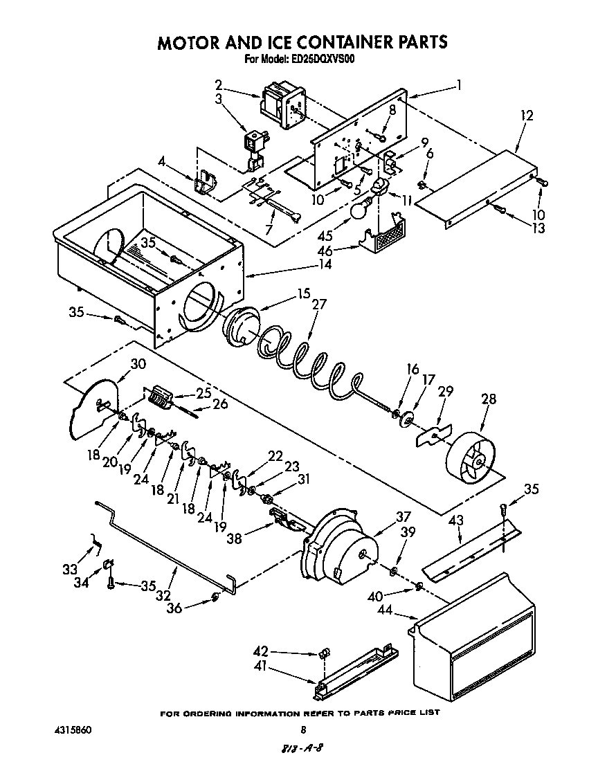Whirlpool ED25DQXVS00 motor and ice container diagram