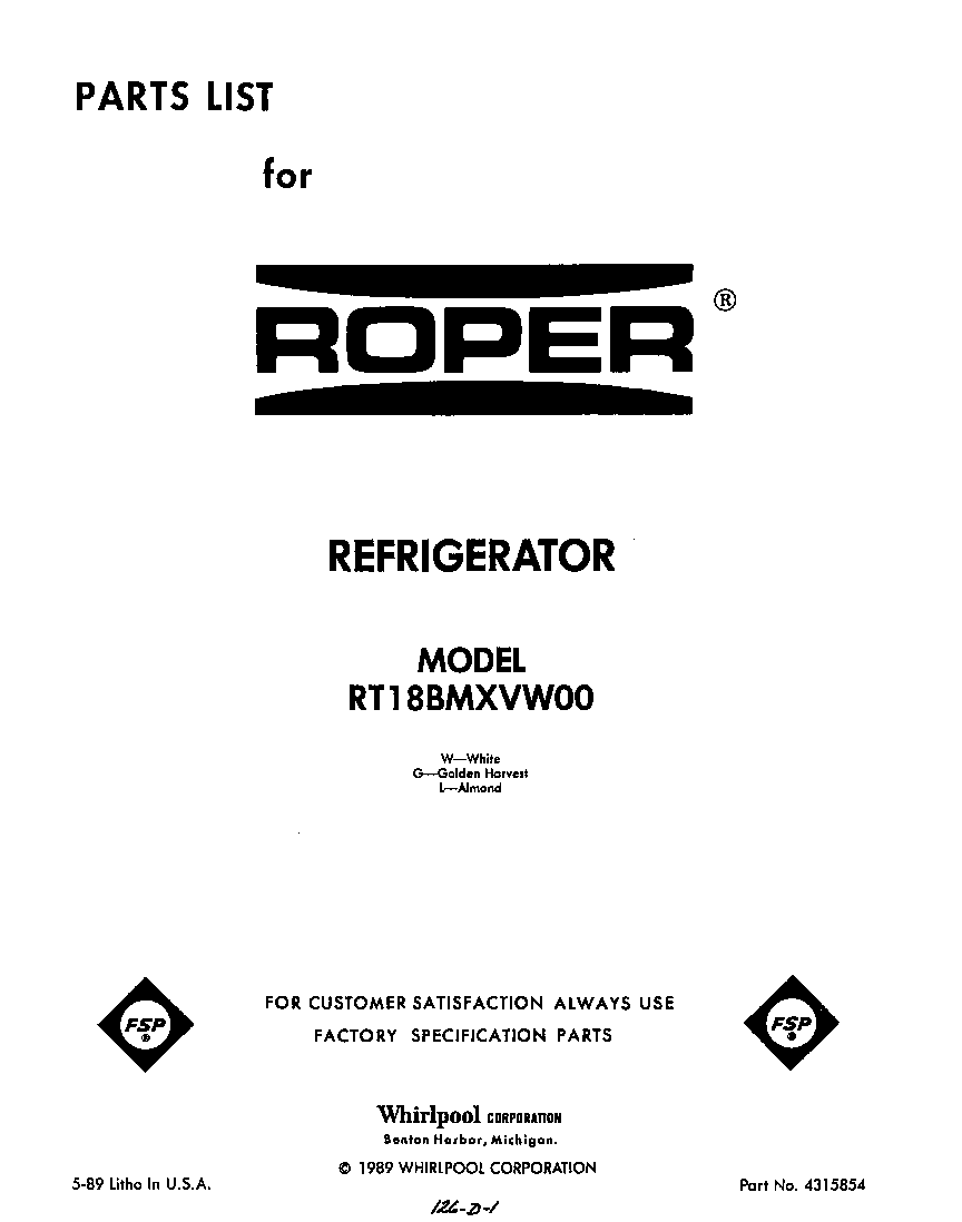 Roper RT18BMXVW00 front cover diagram