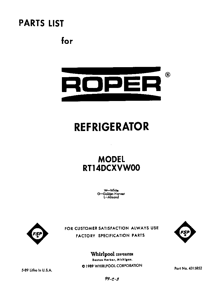 Roper RT14DCXVW00 front cover diagram