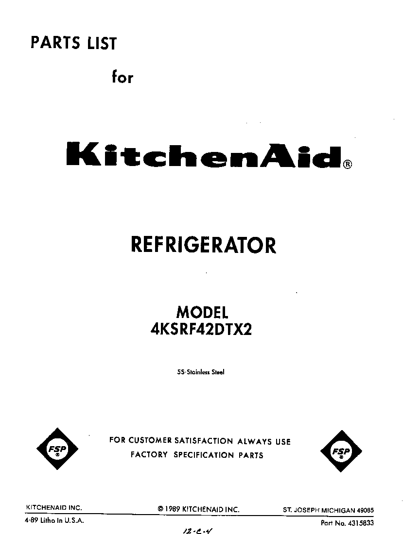 KitchenAid 4KSRF42DTX2 front cover diagram