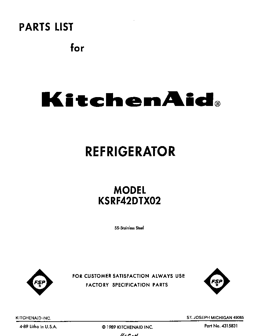 KitchenAid KSRF42DTX02 front cover diagram