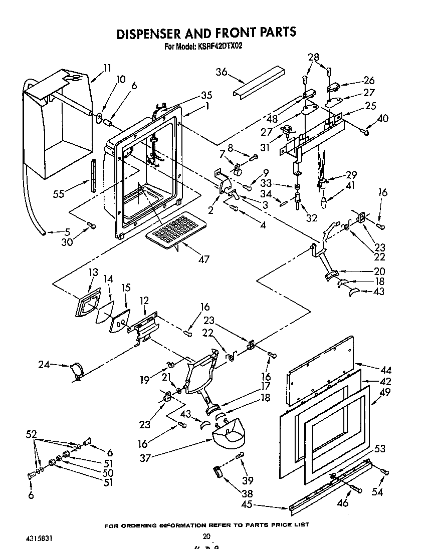 KitchenAid KSRF42DTX02 dispenser and front diagram