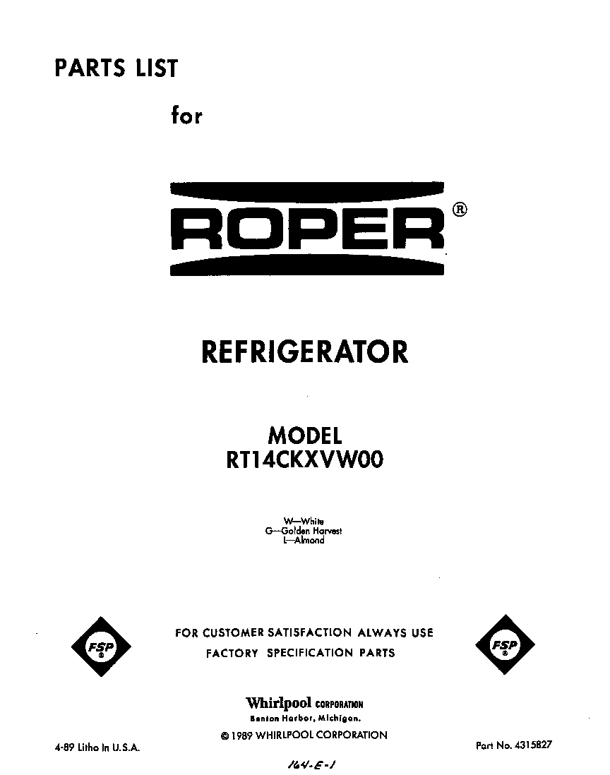 Roper RT14CKXVW00 front cover diagram