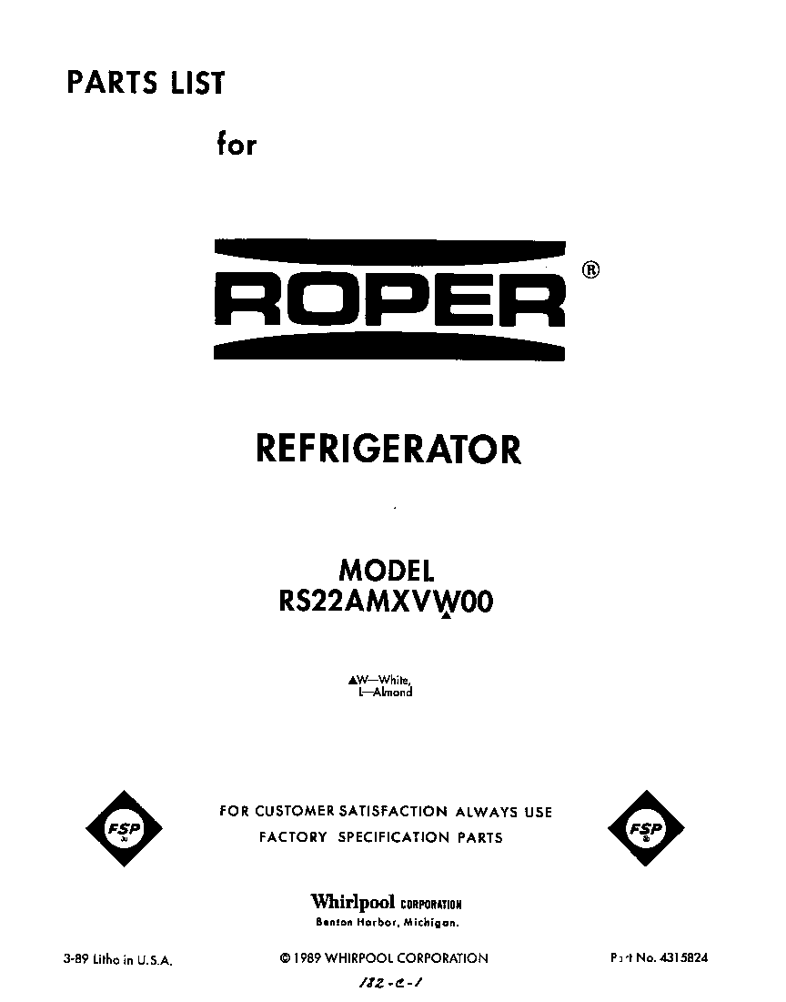 Roper RS22AMXVW00 front cover diagram