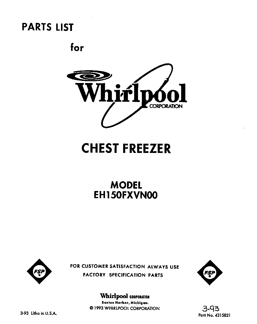 Whirlpool EH150FXVN00 coversheet diagram