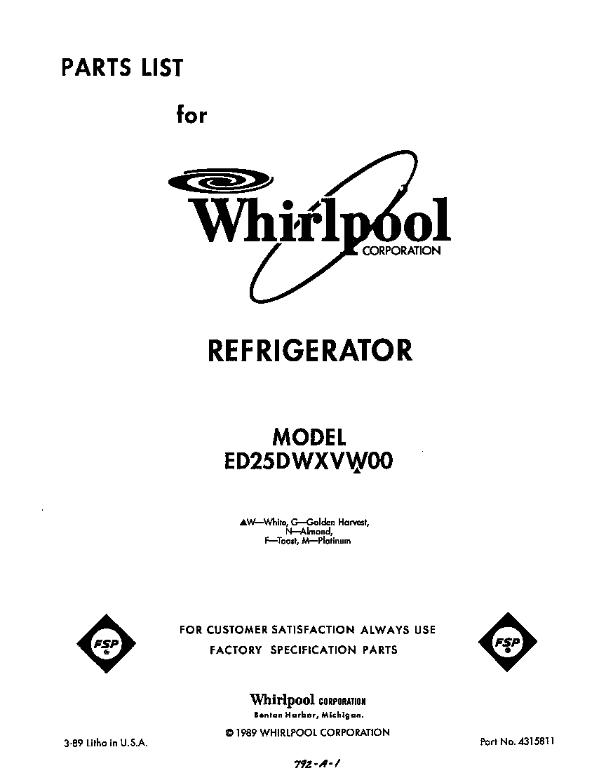 Whirlpool ED25DWXVW00 front cover diagram