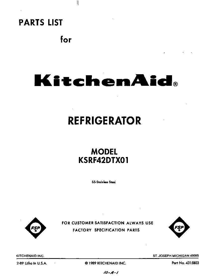 KitchenAid KSRF42DTX01 front cover diagram