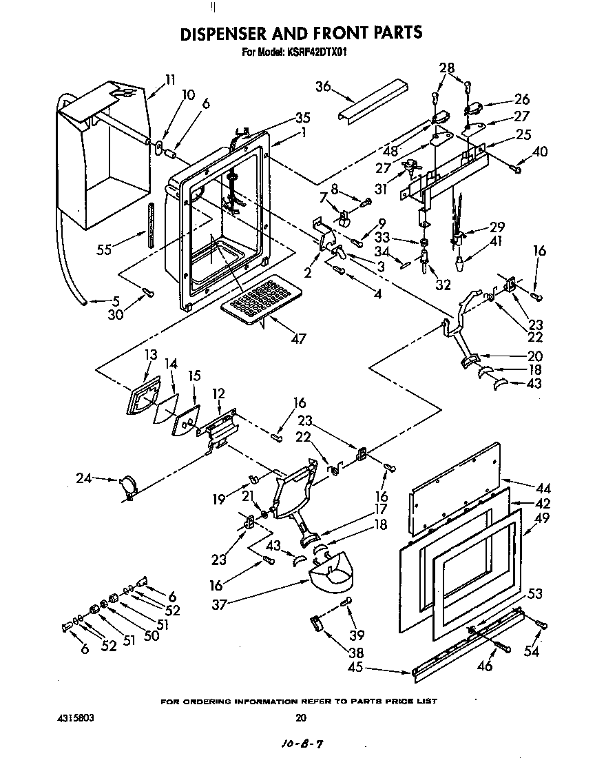 KitchenAid KSRF42DTX01 dispenser and front diagram