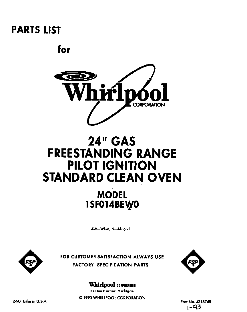Whirlpool 1SF014BEW0 front cover diagram