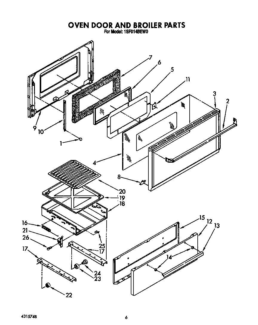 Whirlpool 1SF014BEW0 oven door and broiler diagram