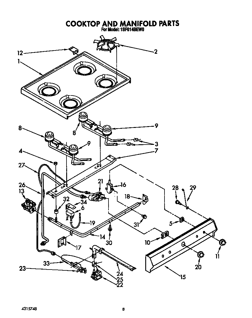 Whirlpool 1SF014BEW0 cooktop and manifold diagram