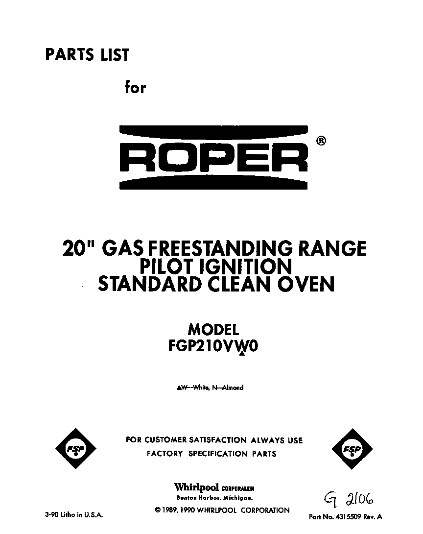 Roper FGP210VW0 front cover diagram