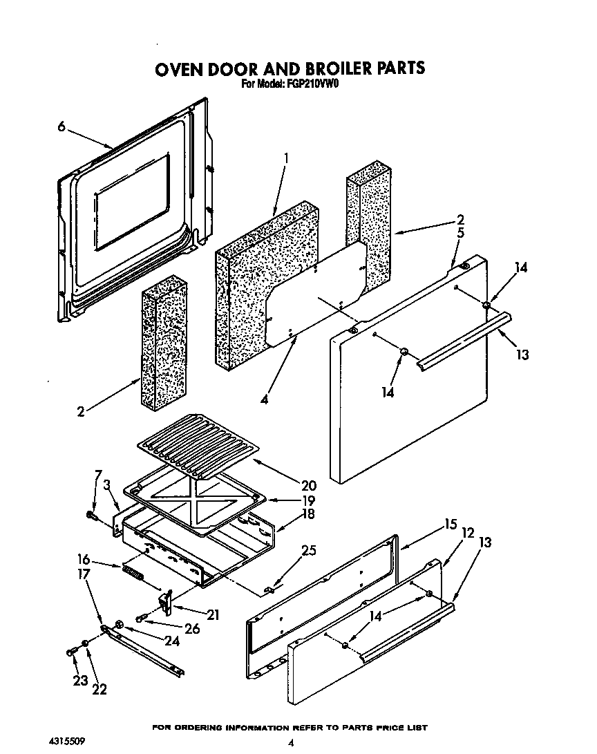 Roper FGP210VW0 oven door and broiler diagram