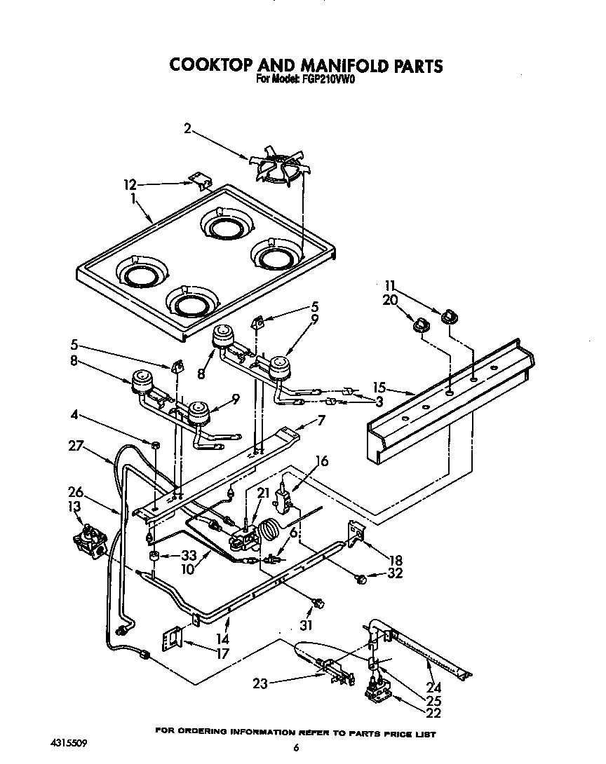 Roper FGP210VW0 cooktop and manifold diagram