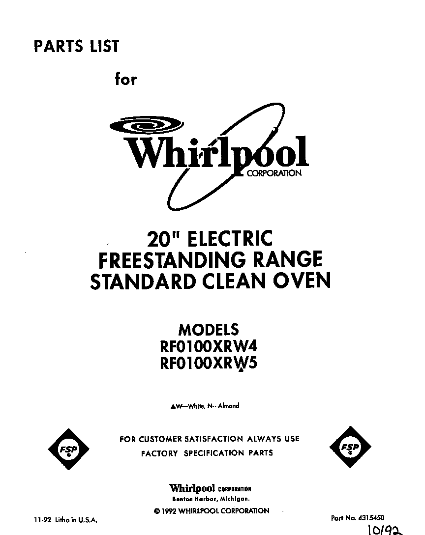 Whirlpool RF0100XRW4 front cover diagram
