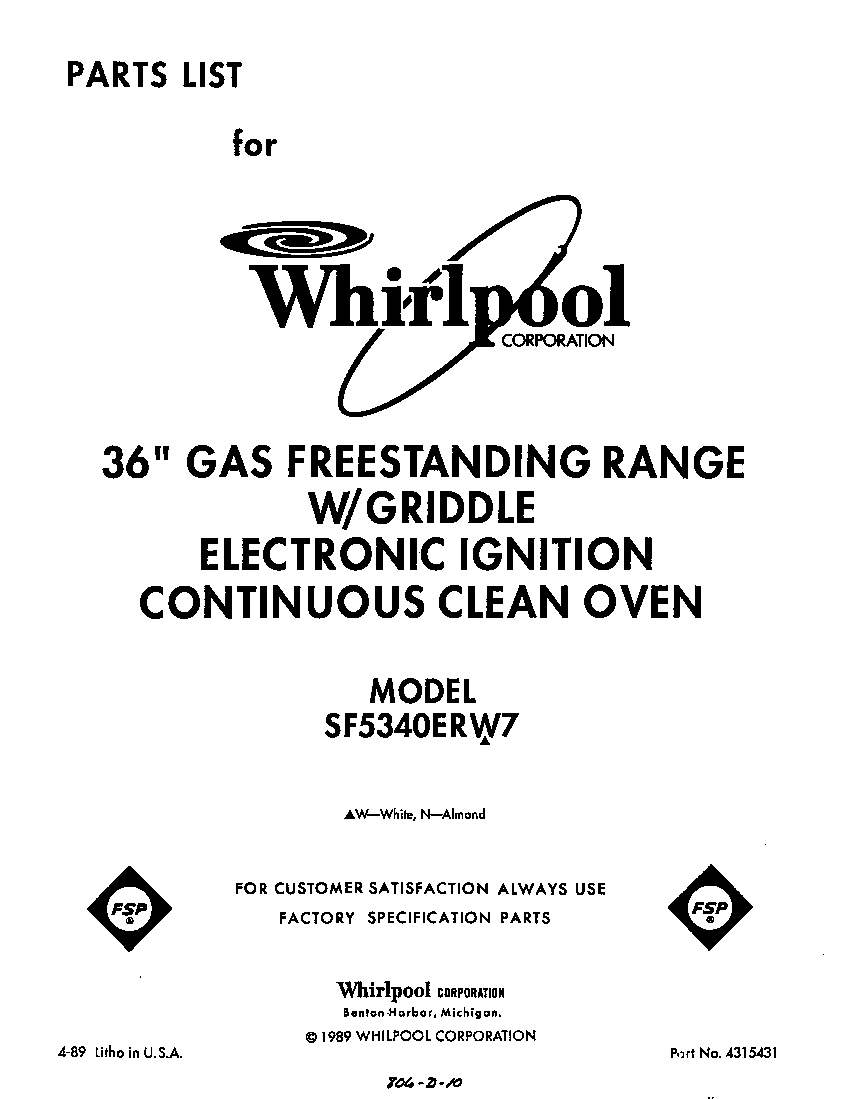 Whirlpool SF5340ERW7 front cover diagram