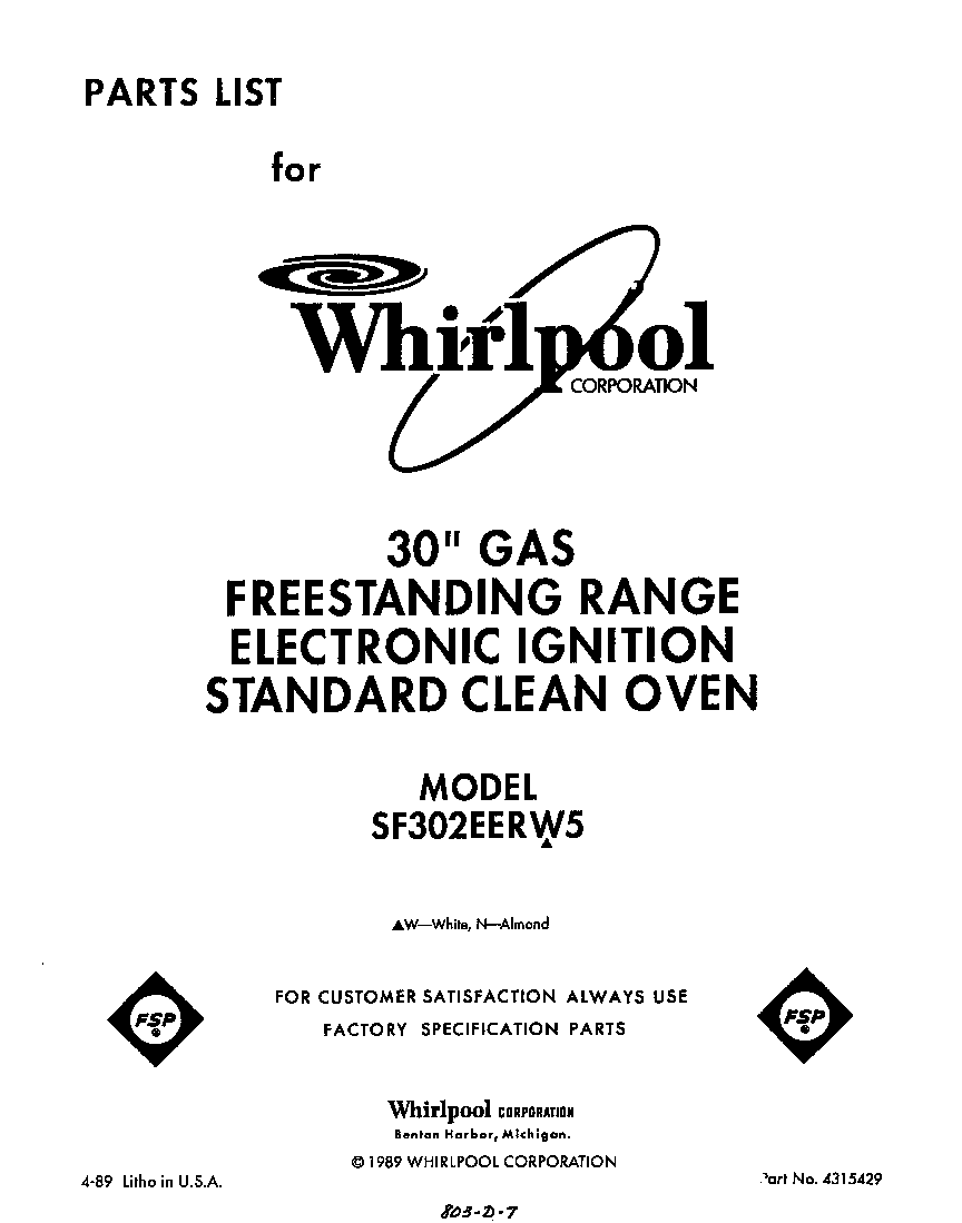 Whirlpool SF302EERW5 front cover diagram