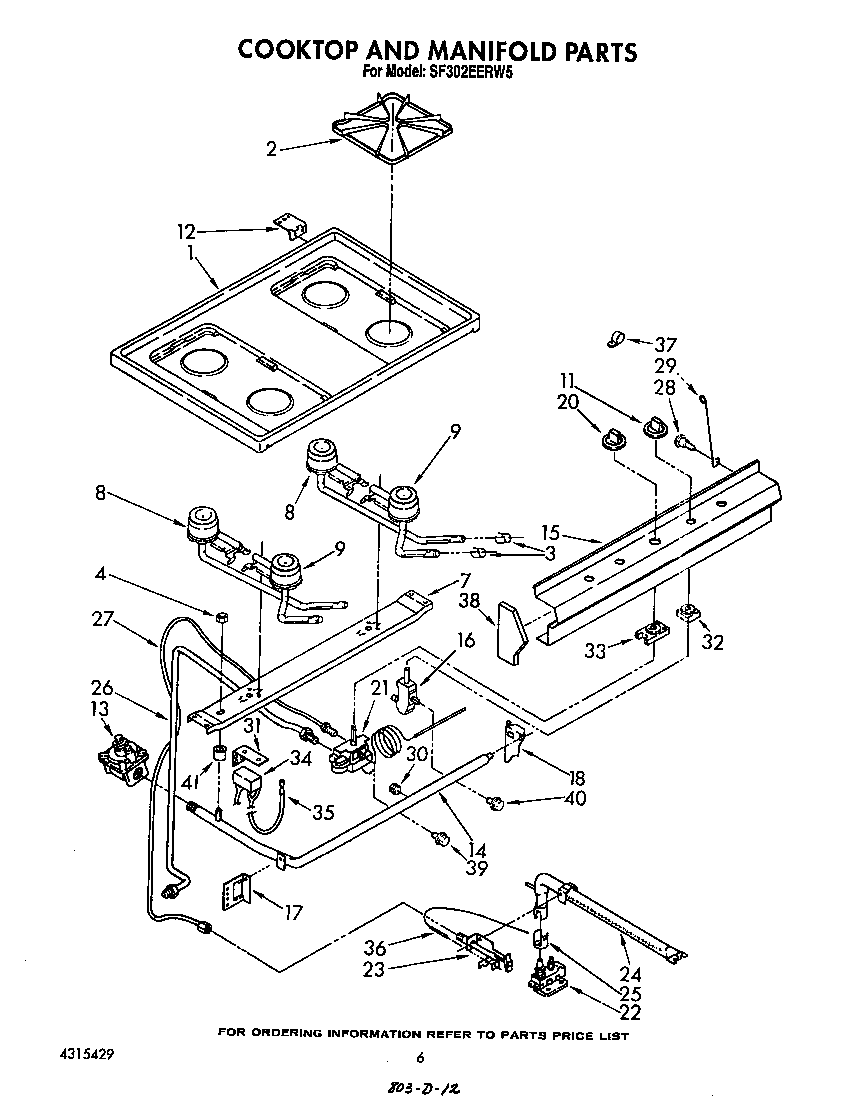 Whirlpool SF302EERW5 cook top and manifold diagram
