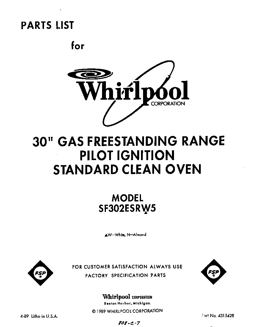 Whirlpool SF302ESRW5 front cover diagram