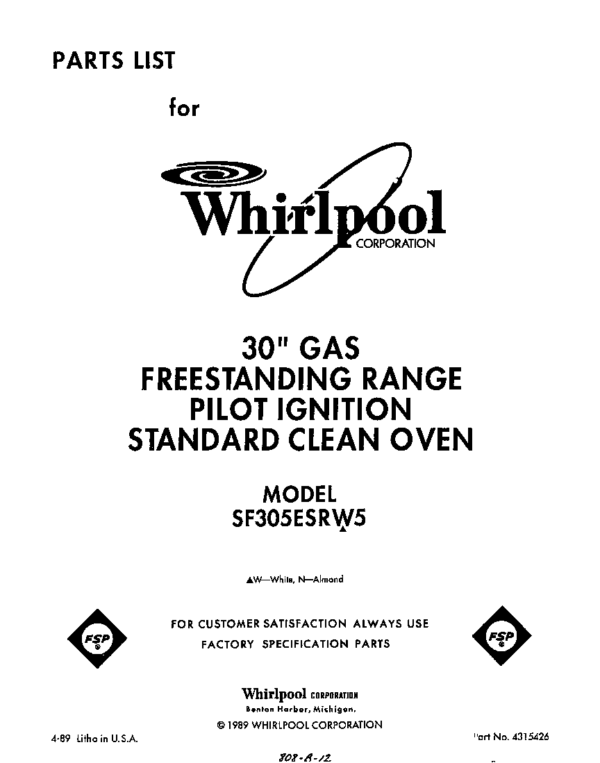 Whirlpool SF305ESRW5 front cover diagram