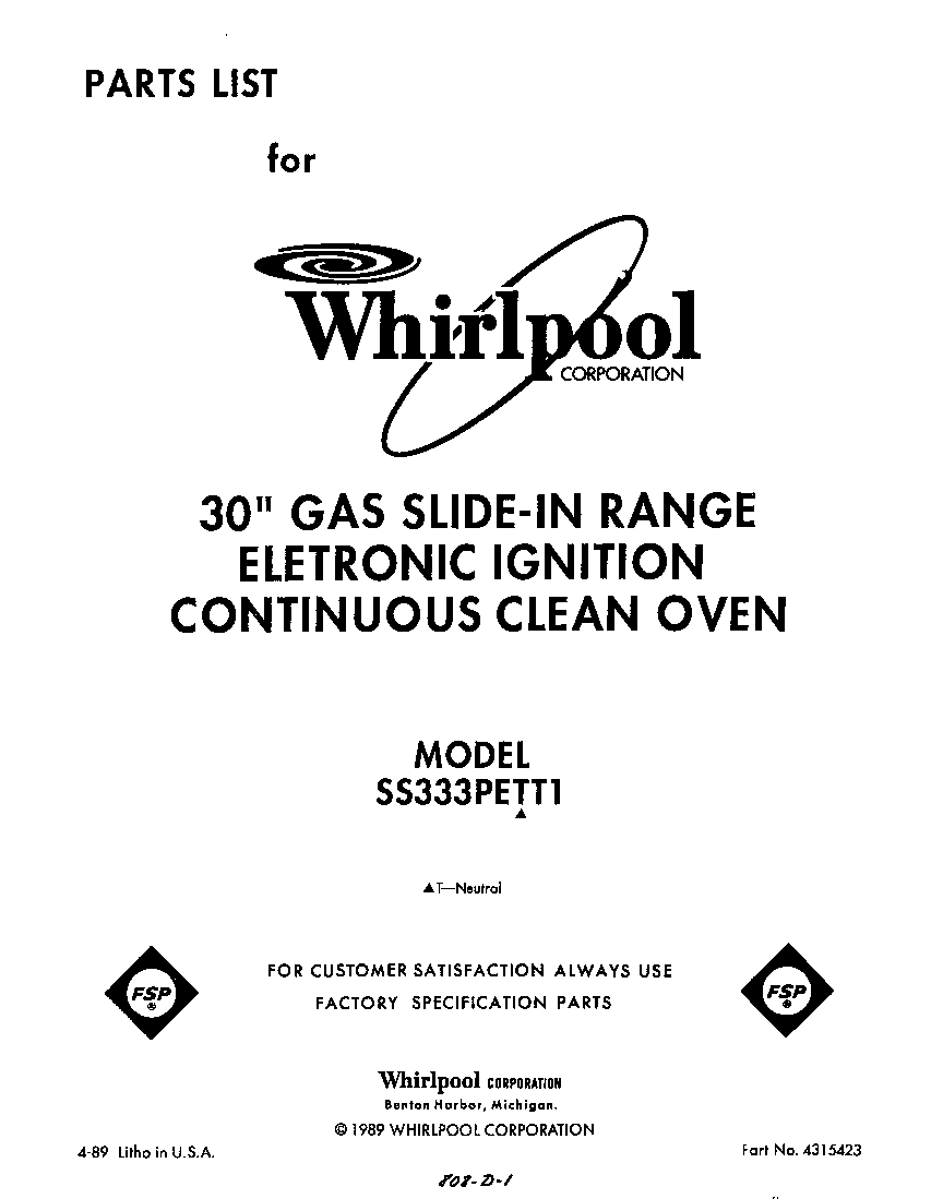 Whirlpool SS333PETT1 front cover diagram