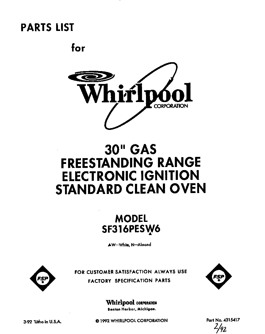 Whirlpool SF316PESW6 front cover diagram