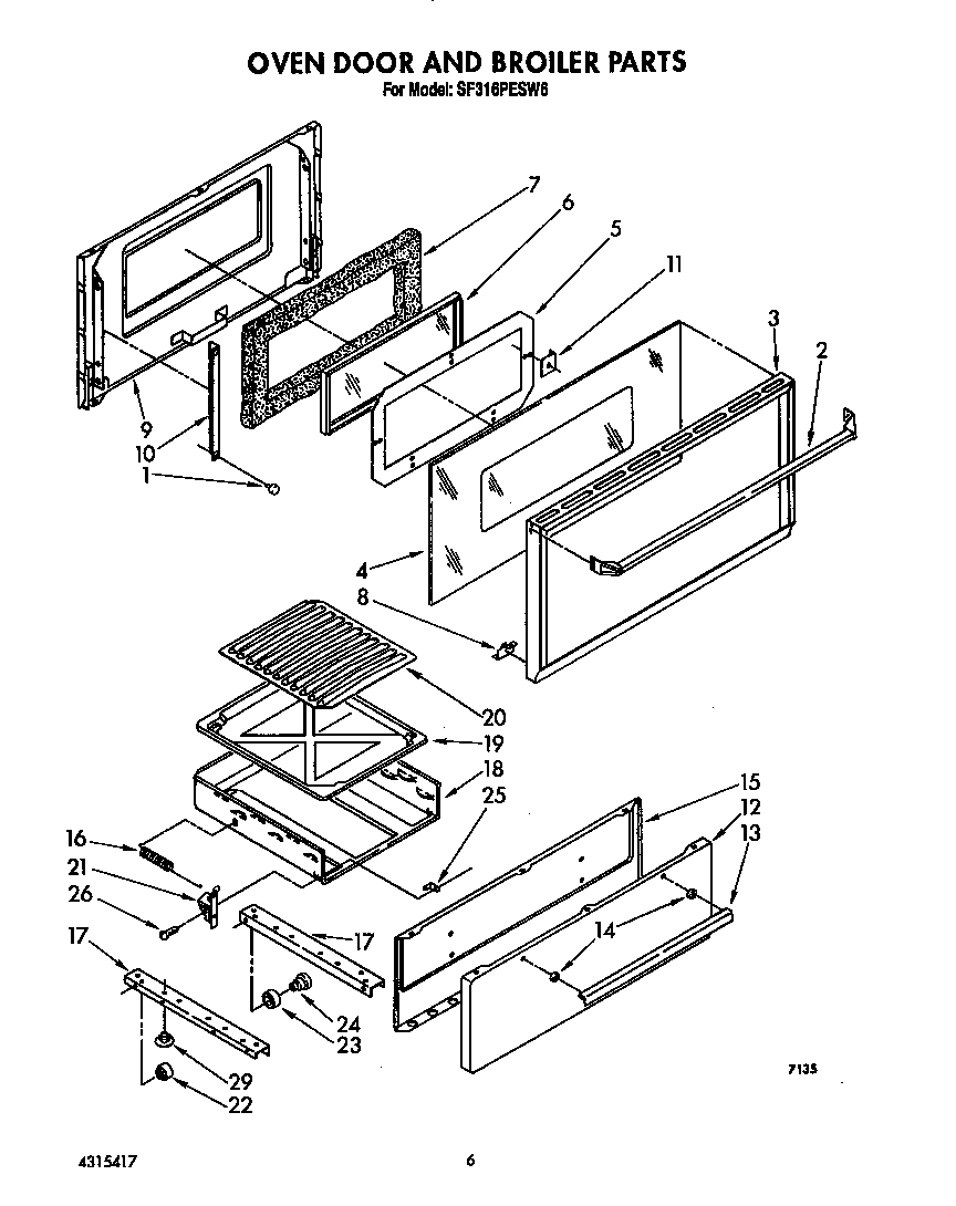 Whirlpool SF316PESW6 oven door and broiler diagram