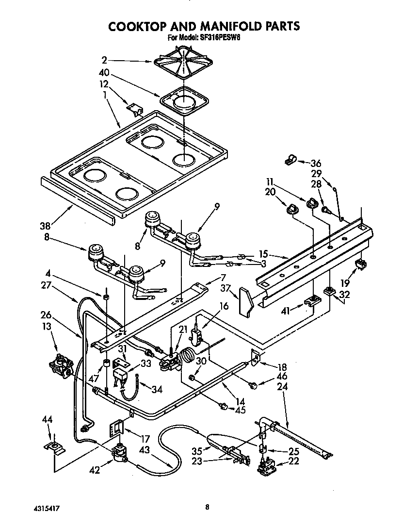 Whirlpool SF316PESW6 cooktop and manifold diagram