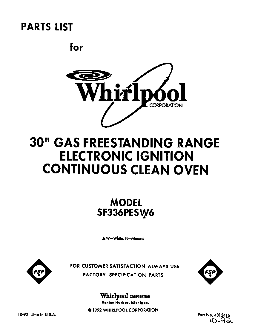 Whirlpool SF336PESW6 front cover diagram