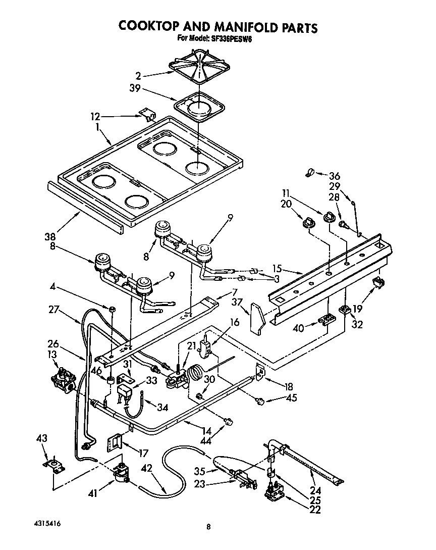 Whirlpool SF336PESW6 cooktop and manifold diagram