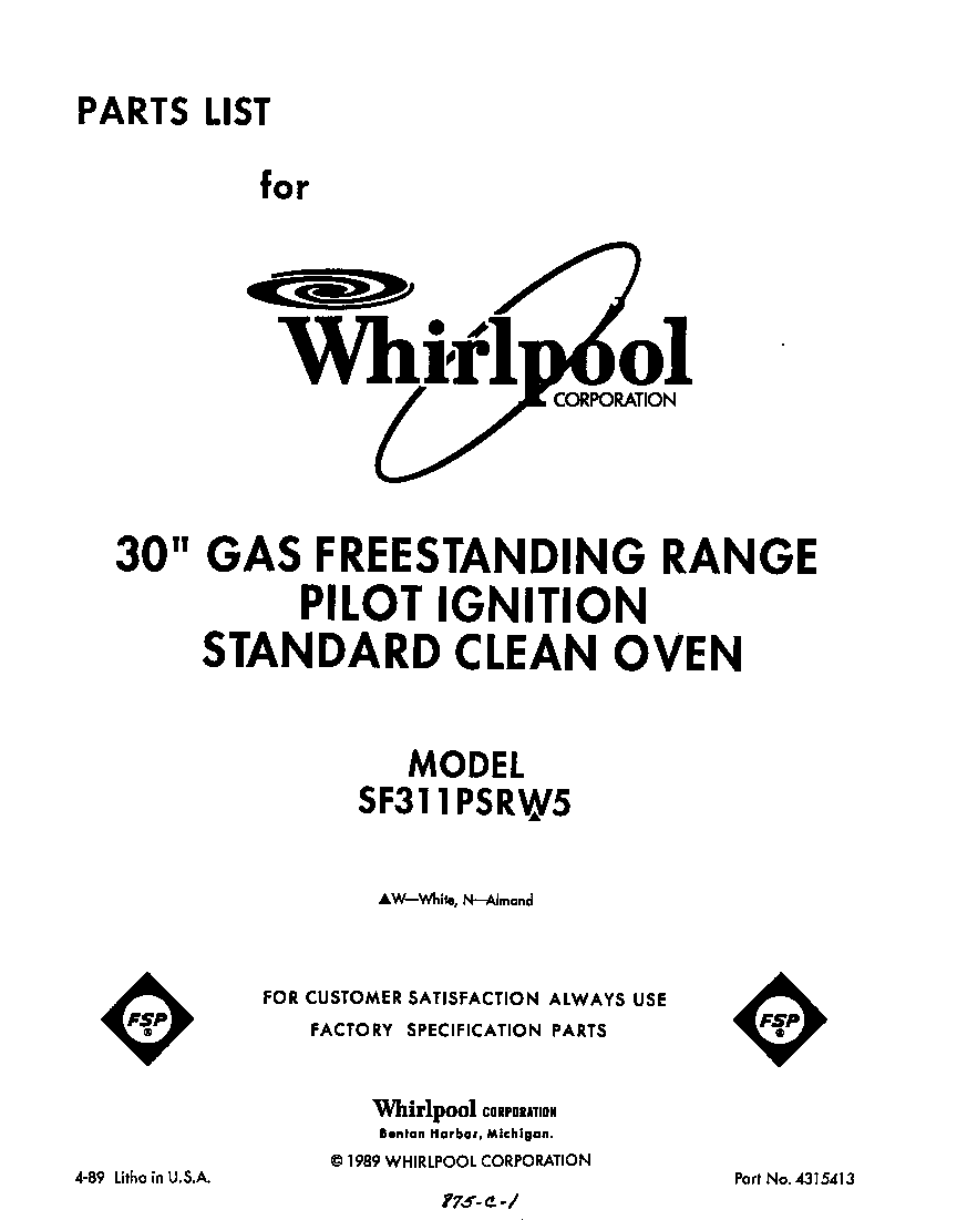 Whirlpool SF311PSRW5 front cover diagram