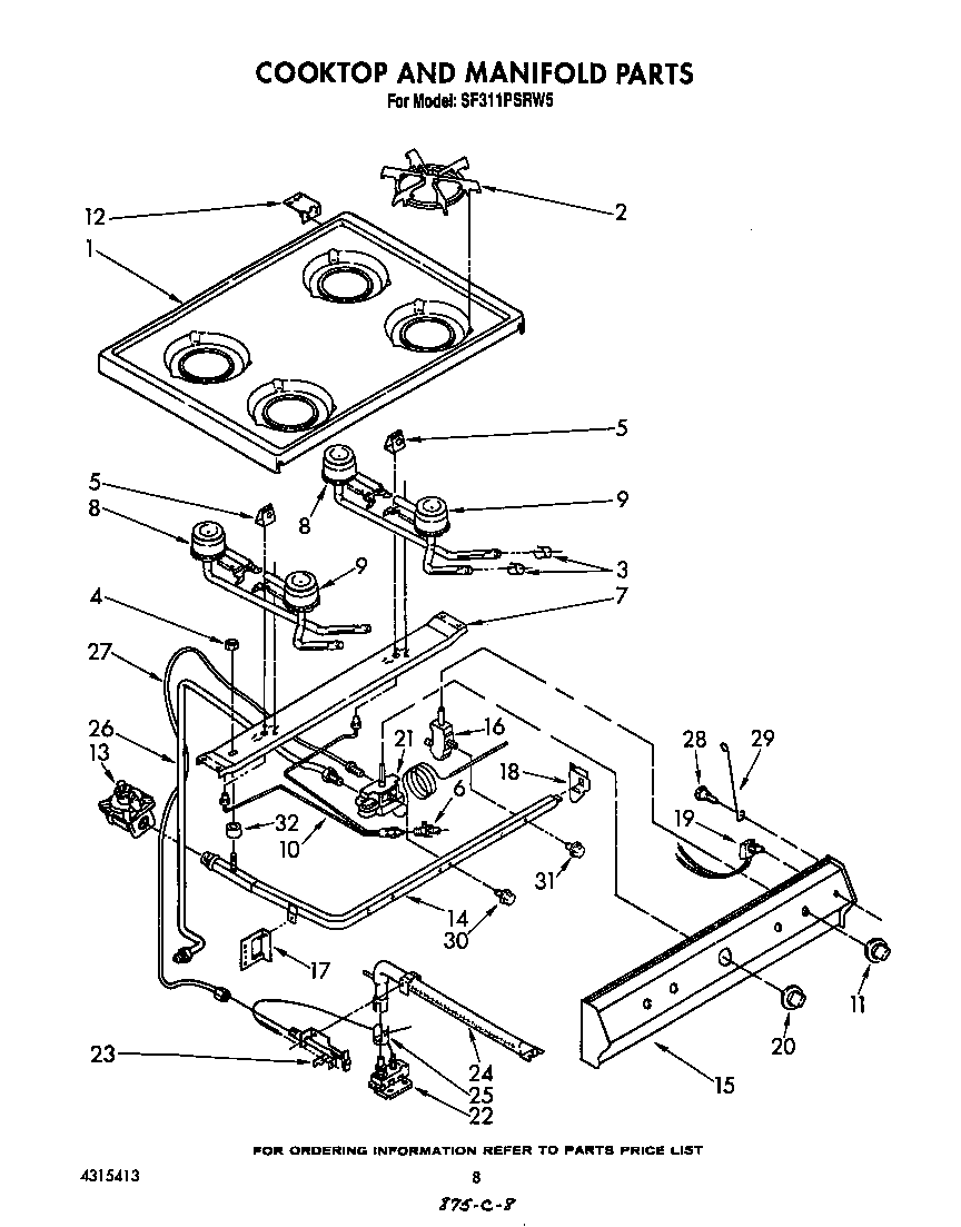 Whirlpool SF311PSRW5 cooktop and manifold diagram