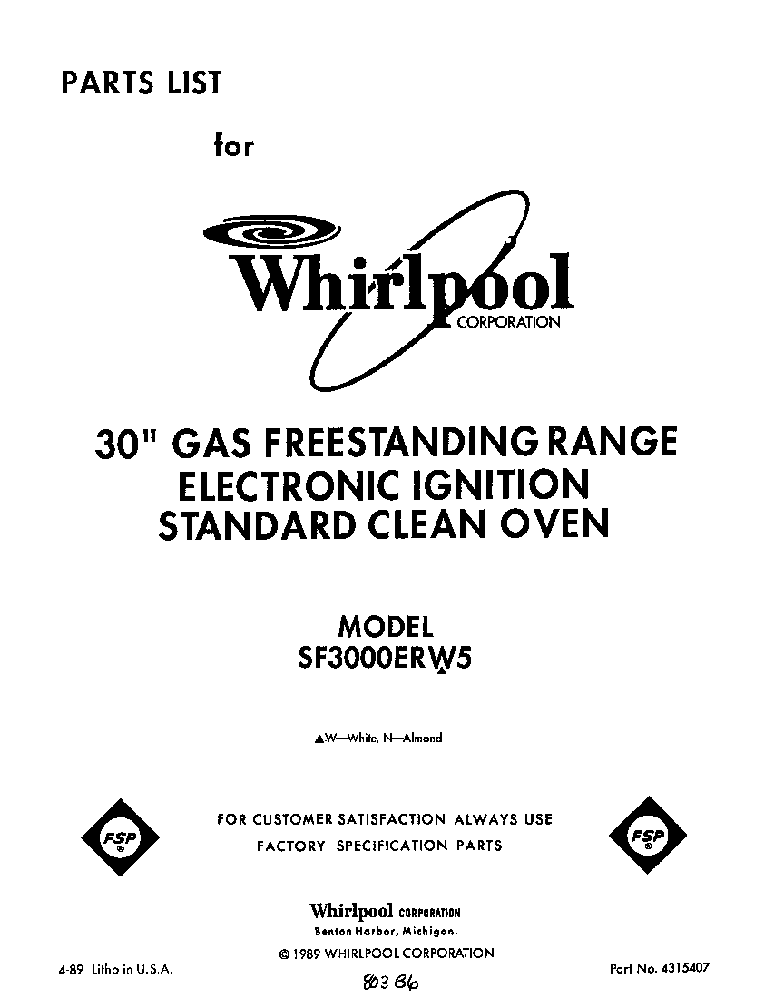 Whirlpool SF3000ERW5 front cover diagram