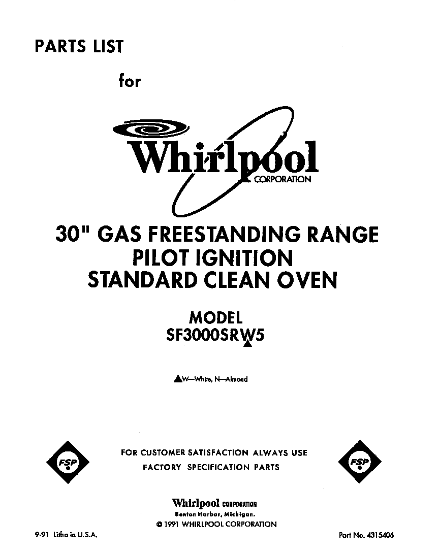 Whirlpool SF3000SRW5 front cover diagram