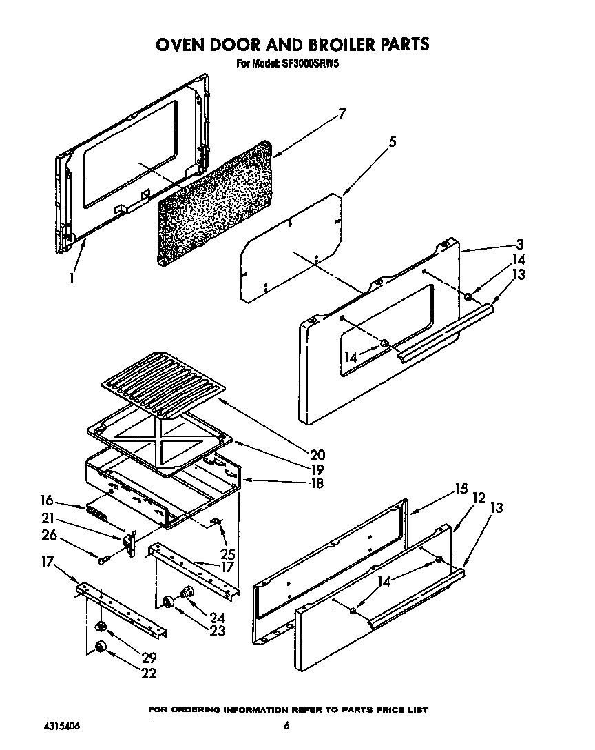 Whirlpool SF3000SRW5 oven door and broiler diagram