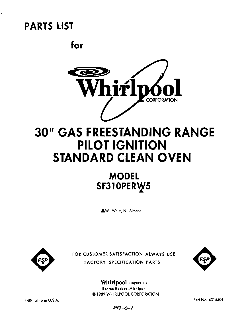 Whirlpool SF310PERW5 front cover diagram